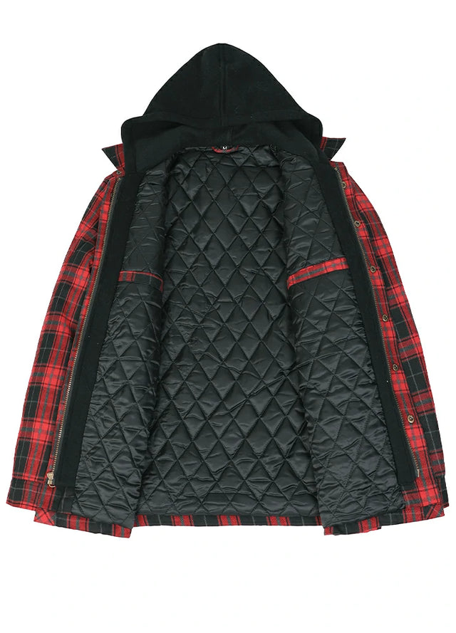Front view of the lining of red and black cozy quilted lined flannel jacket for men
