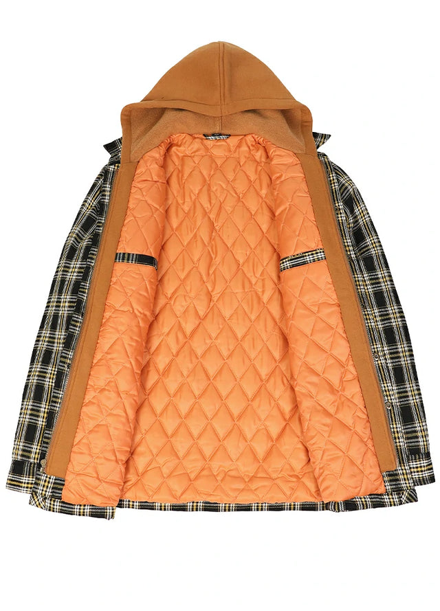 Front view of the lining of a yellow and black men's plaid hooded shirt jacket with quilted lined