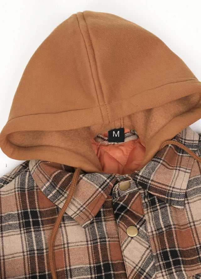 Close-up of the hood of the brown and black warm quilted lined plaid shacket for men