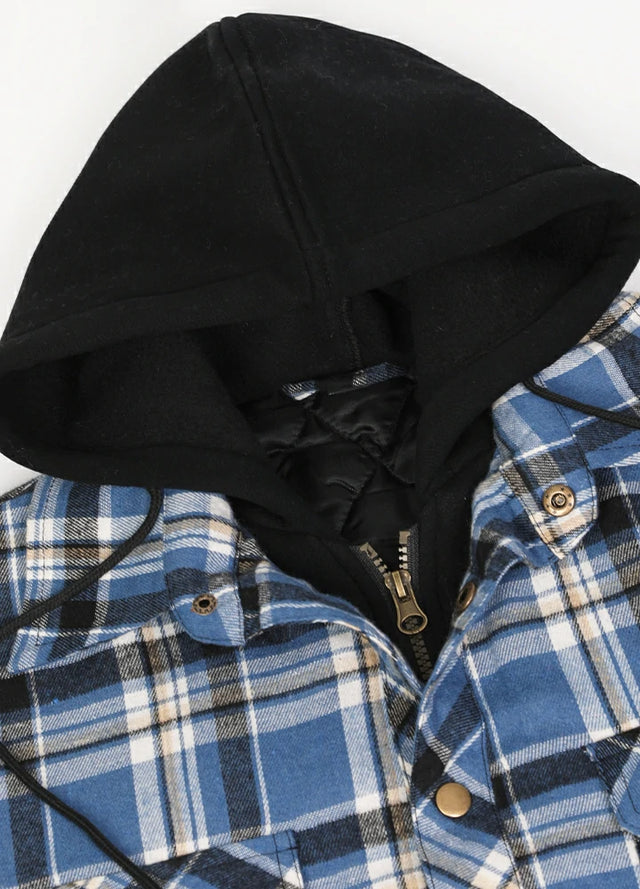 Close-up of the hood of blue and white cozy quilted lined flannel shacket for men