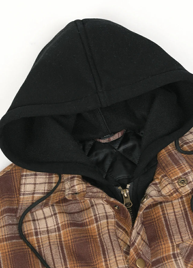 Close-up of the hood of coffee khaki men's plaid hooded with quilted lined
