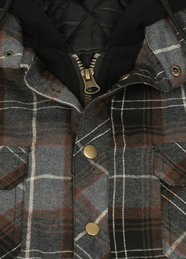 Dicke, karierte Flanellhemdjacke mit Kapuze und gestepptem Futter für Herren