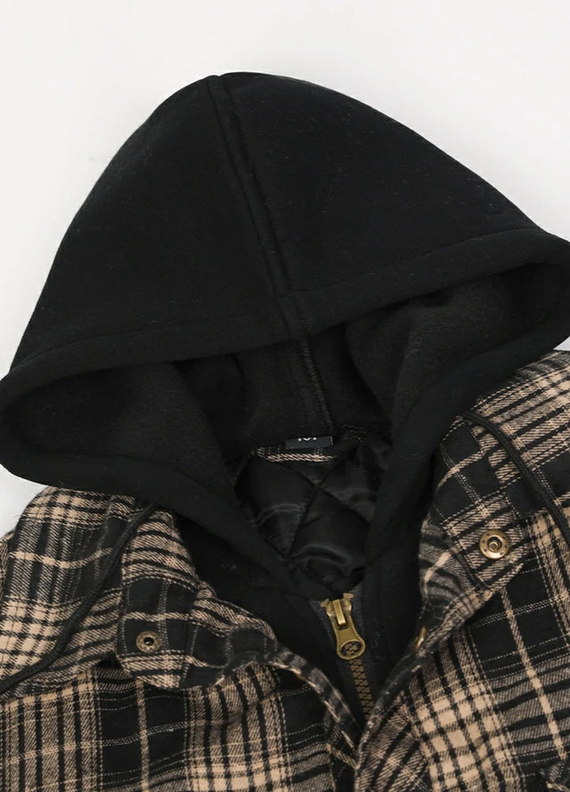 Close-up of the hood of khaki black cozy quilted lined flannel shacket for men