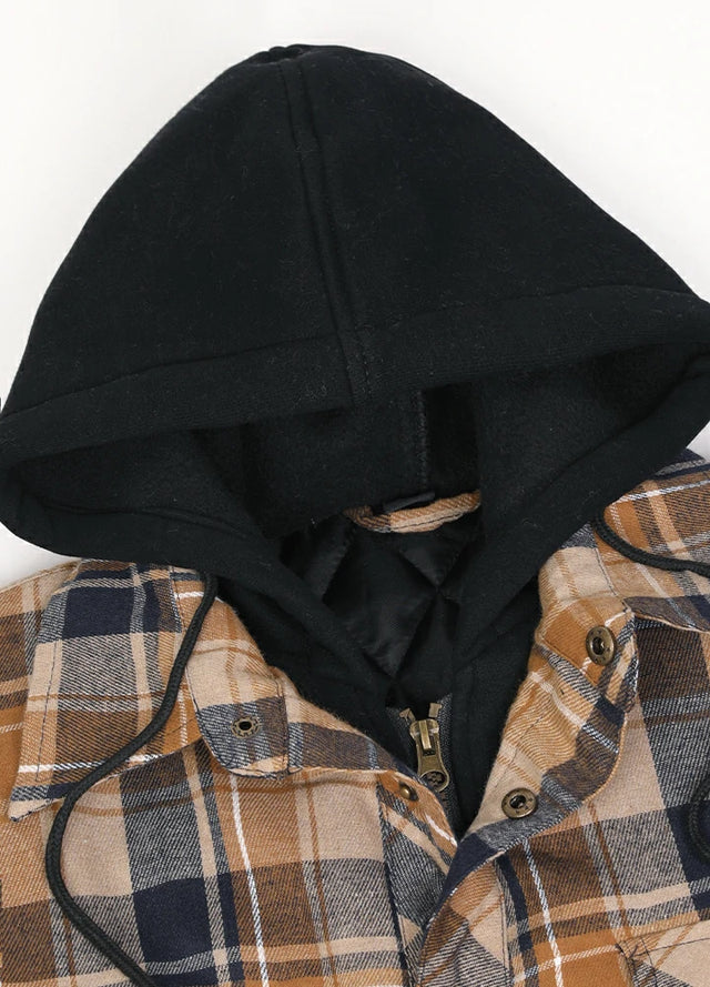 Close-up of the hood of a latte navy men's stylish plaid quilted lined hoodie
