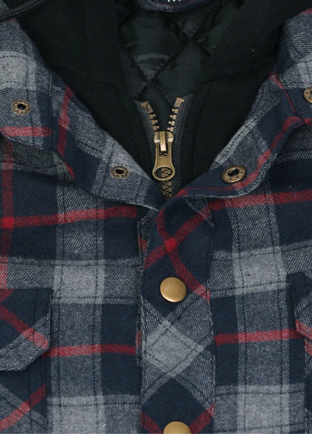 Dicke, karierte Flanellhemdjacke mit Kapuze und gestepptem Futter für Herren