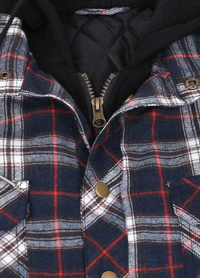 Dicke, karierte Flanellhemdjacke mit Kapuze und gestepptem Futter für Herren