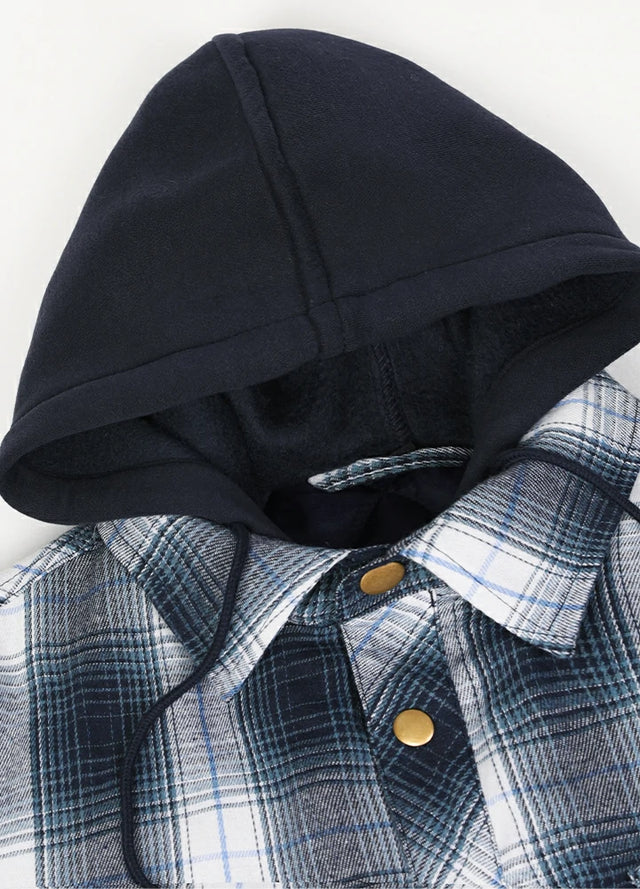Close-up of the hood of a men's navy white quilted lined flannel hooded jacket