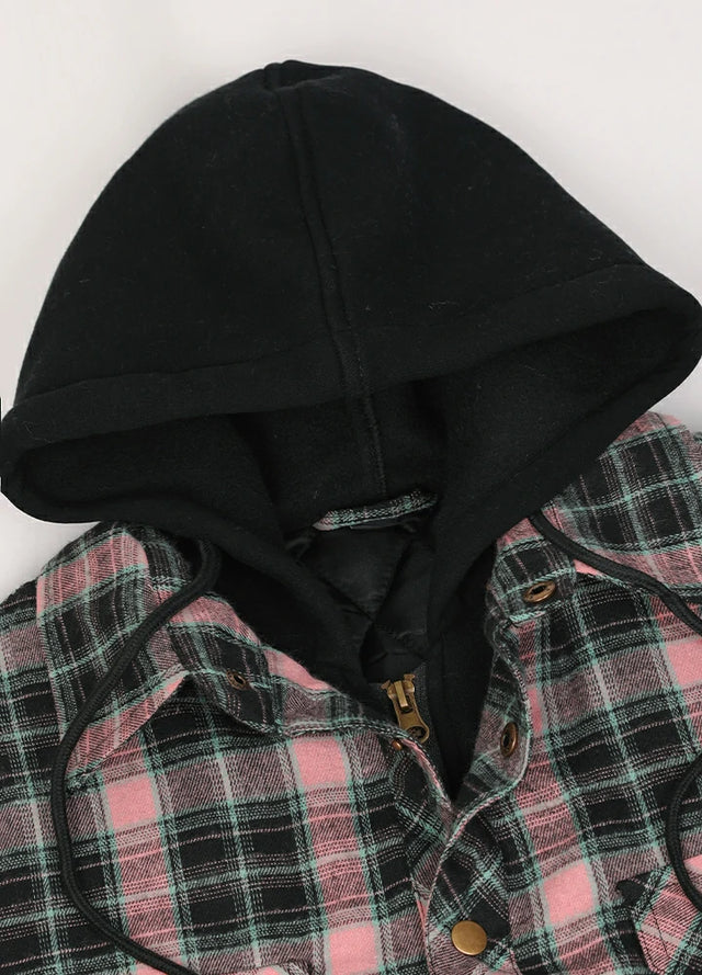 Close-up of the hood of a warm pink and black plaid quilted lined shacket for men