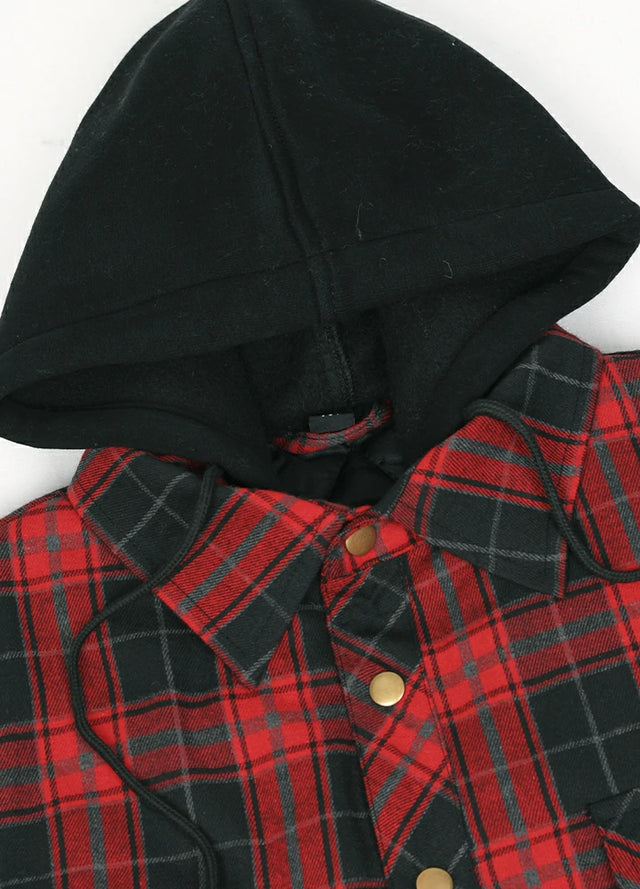 Close-up of the hood of a red and black durable quilted lined flannel shacket for men