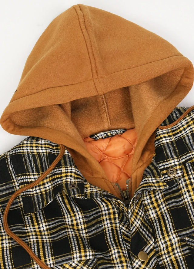 Close-up of the hood of yellow and black men's plaid hooded shirt jacket with quilted lined
