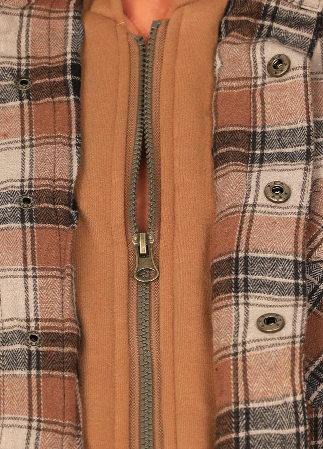 Close-up of the zipper of the brown and black stylish quilted lined plaid shacket for men
