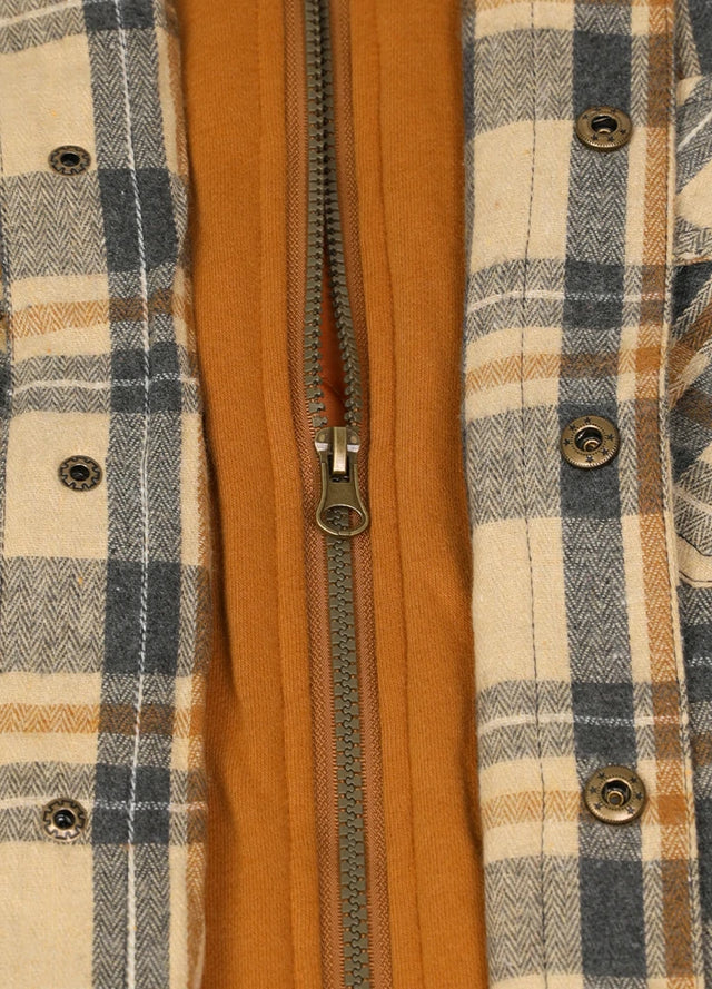 Close-up of the zipper of a khaki gray men's stylish quilted lined flannel shirt hooded