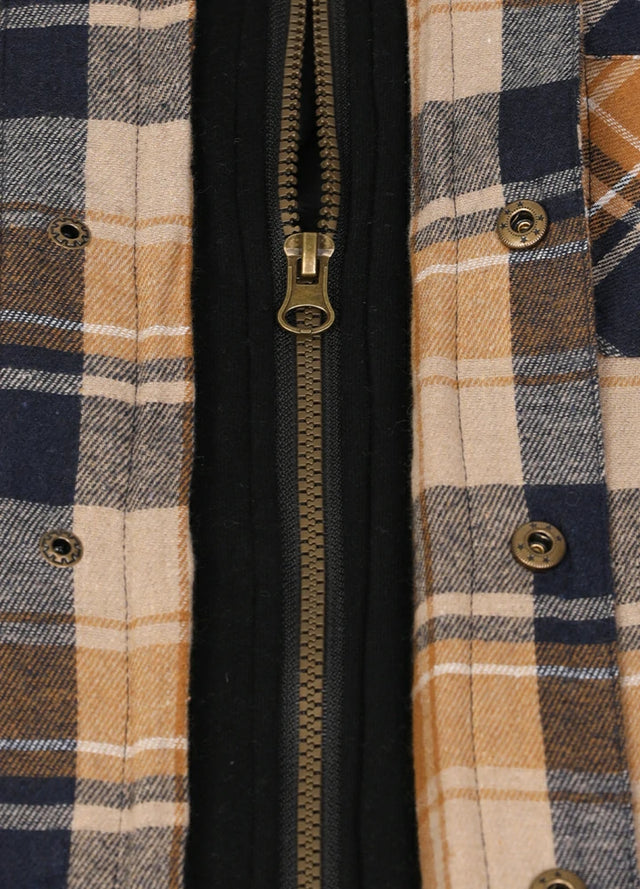Close-up of the zipper of the latte navy men's stylish plaid quilted lined hooded jacket