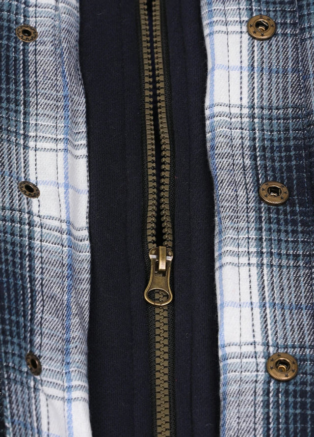 Close-up of the zipper of a men's warm navy white quilted lined flannel hooded jacket