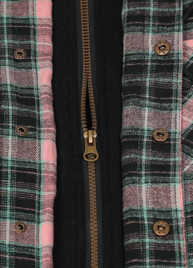 Close-up of the zipper of the pink and black plaid warm jacket for men
