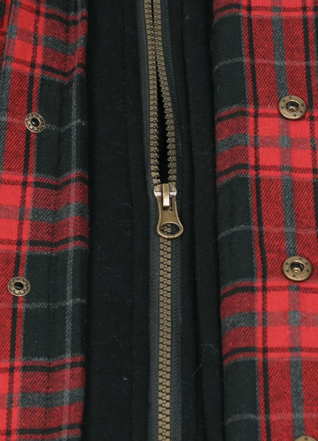 Close-up of the zipper of a red black durable quilted lined flannel shacket for men