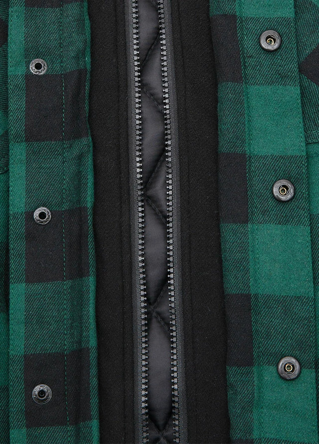 Close-up of the snap button of green buffalo plaid men's thicken plaid hooded flannel shacket