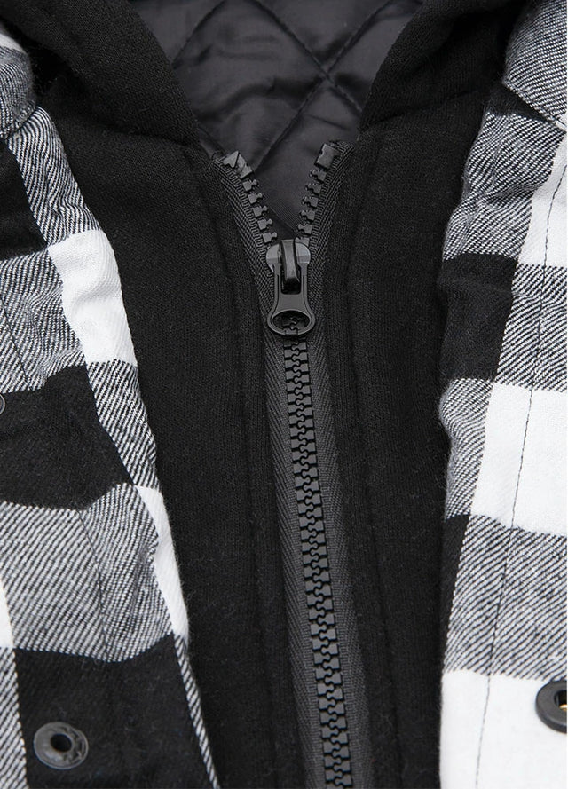 Close-up of the zipper of black white plaid men's plaid hooded flannel shirt jacket