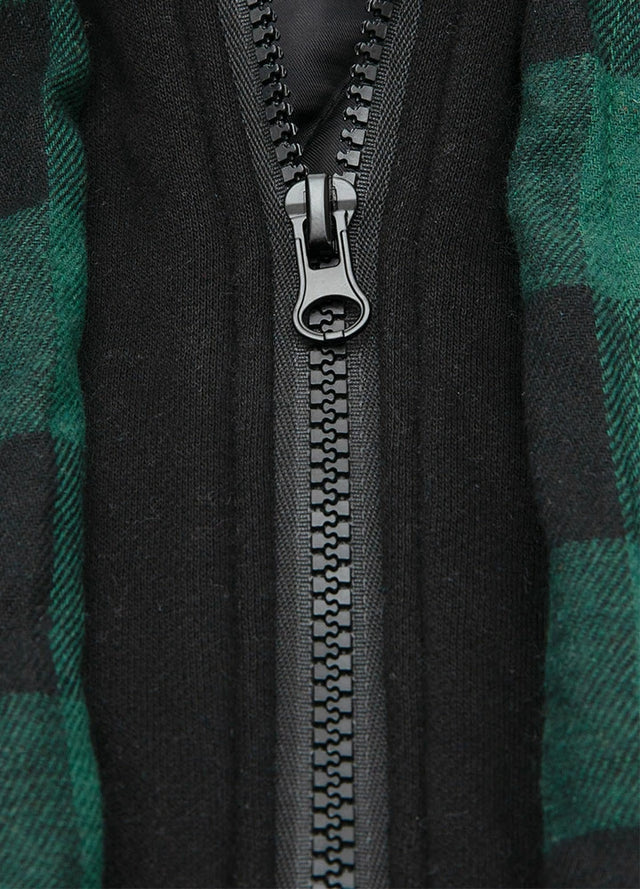 Close-up of the zipper of green buffalo plaid men's plaid hooded flannel shirt jacket