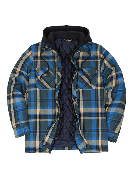 Front view of blue khaki men's thicken plaid hooded flannel shirt jacket