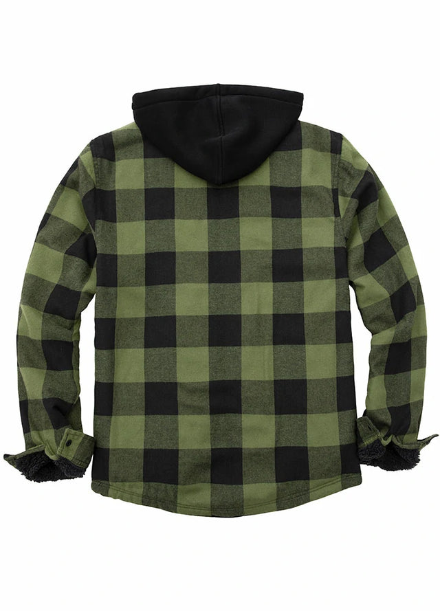 Back view of army green men's sherpa lined flannel hooded