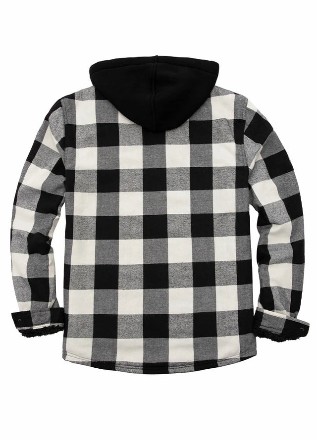 Back view of black beige men's war zipper flannel jacket with hood
