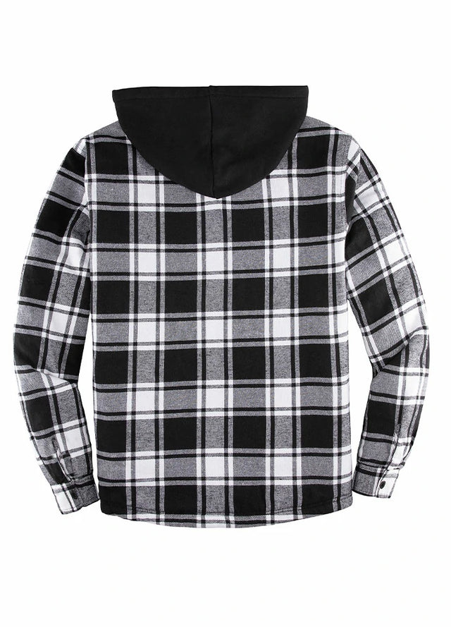 Back view of a black and white men's hooded sherpa-lined jacket