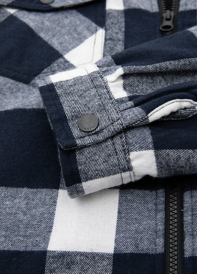 Close-up of the cuff of the navy white men's cozy zipper flannel hooded jacket
