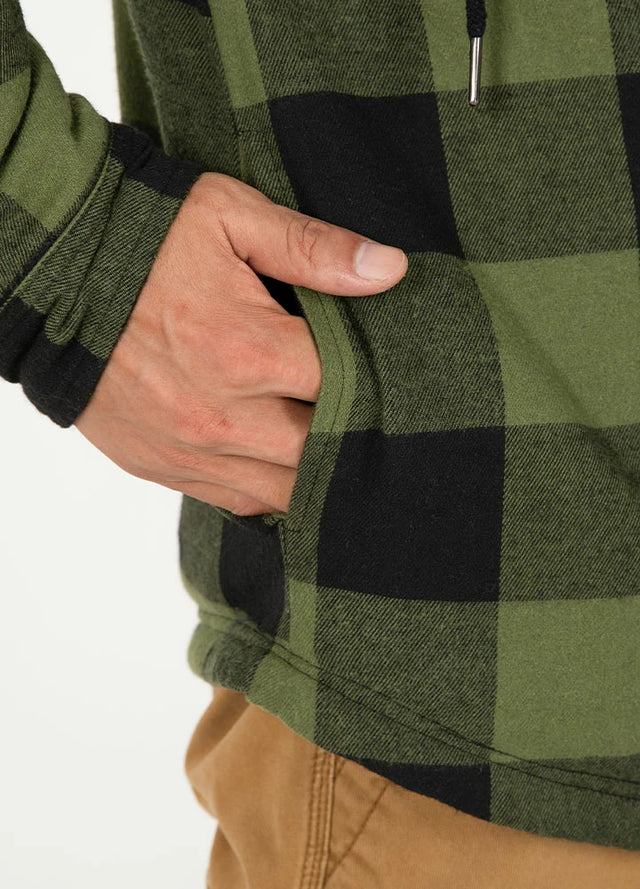 Close-up of the hand pocket on an army green men's zipper flannel jacket