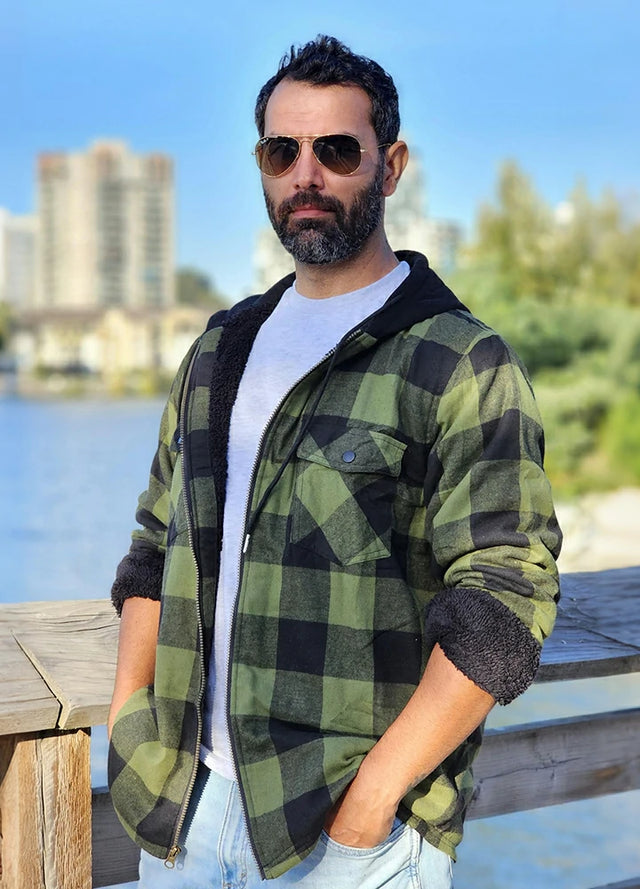Men's Sherpa Lined Flannel Shirt Jacket with Hood,Plaid Shirt-Jac