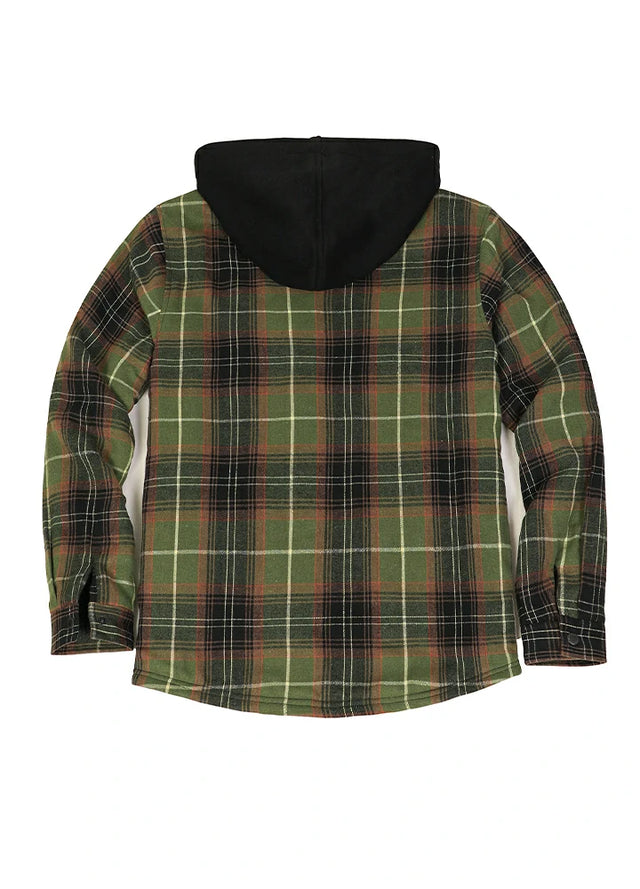 Back view of green and gray zip-up sherpa-lined plaid flannel jacket for men