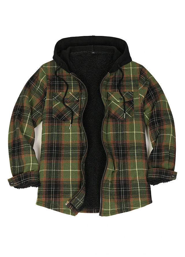Front view of green and gray zip-up sherpa-lined plaid flannel jacket for men