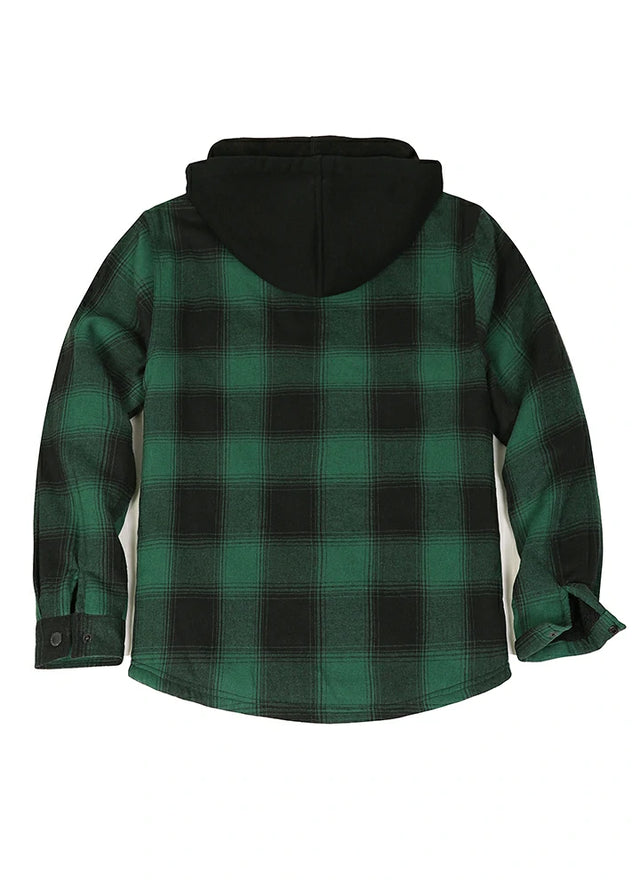 Back view of green black men's zipper sherpa lined plaid jacket