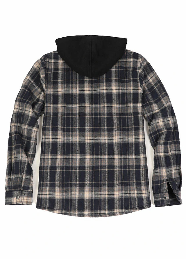 Back view of navy khaki men's plaid flannel hooded jacket