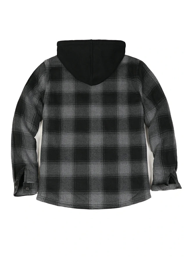 Back view of the light gray men's warm sherpa lined flannel plaid jacket