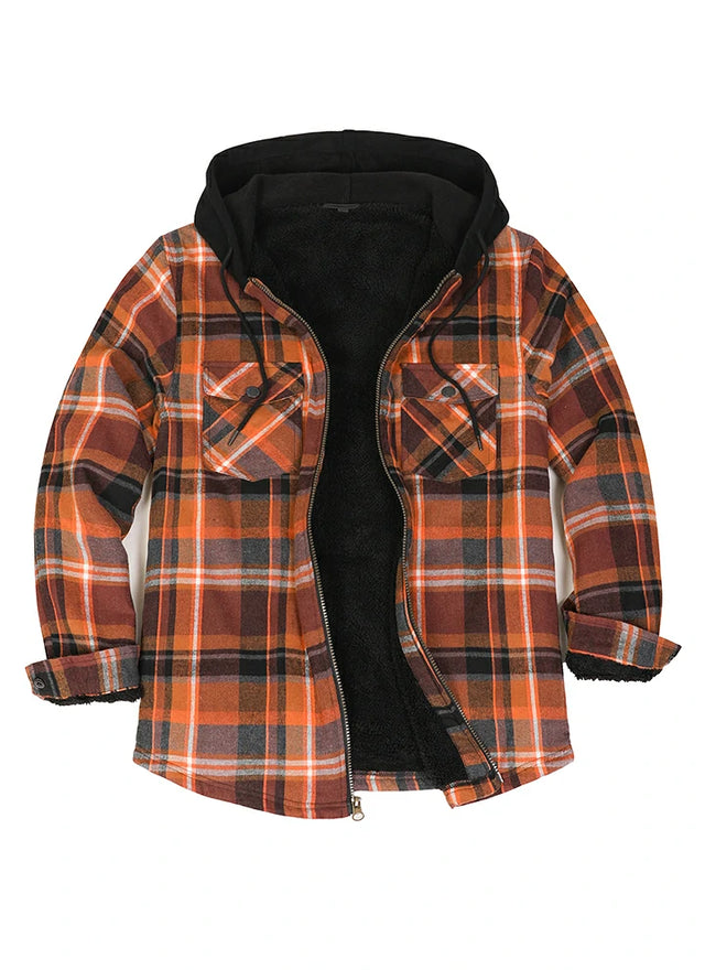 Front view of black brown zipper sherpa lined plaid jacket for men