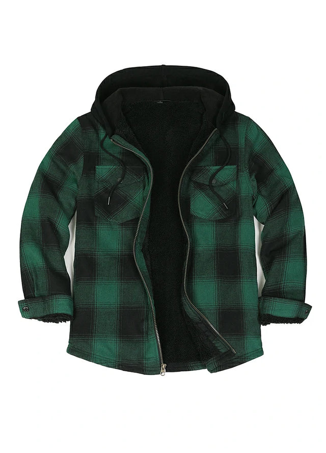 Front view of green black men's zipper sherpa lined plaid jacket