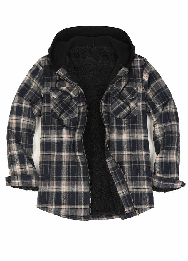 Front view of navy khaki men's plaid flannel jacket hooded
