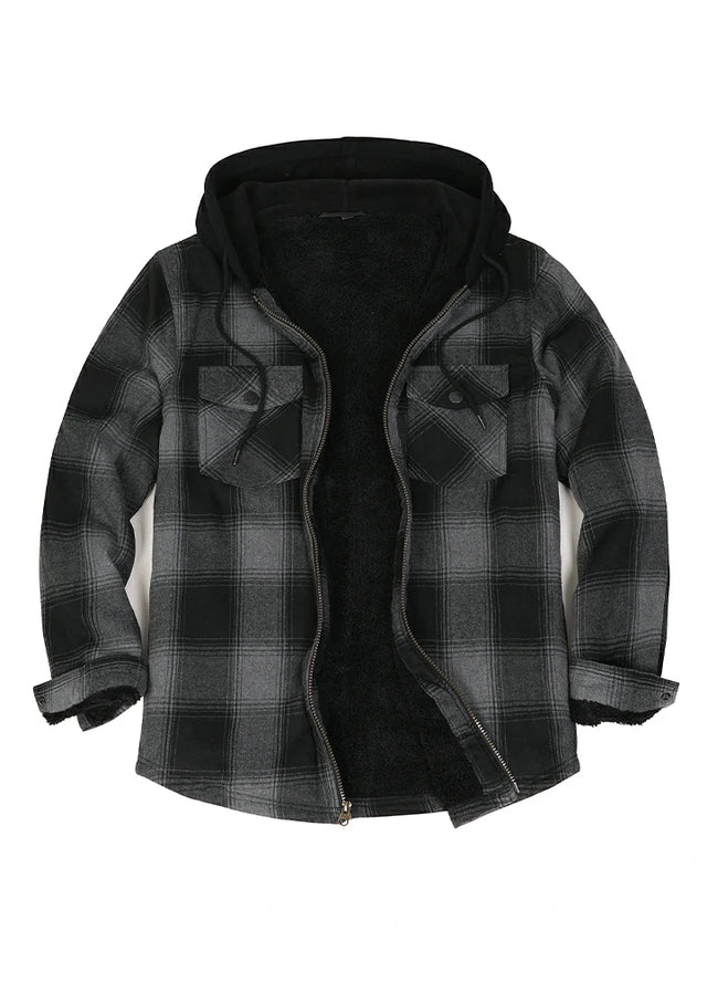 Front view of light gray men's sherpa lined flannel plaid jacket