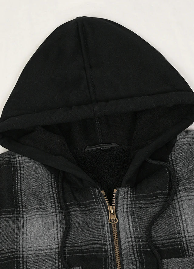 Close-up of the hood of the light gray men's sherpa lined flannel plaid jacket