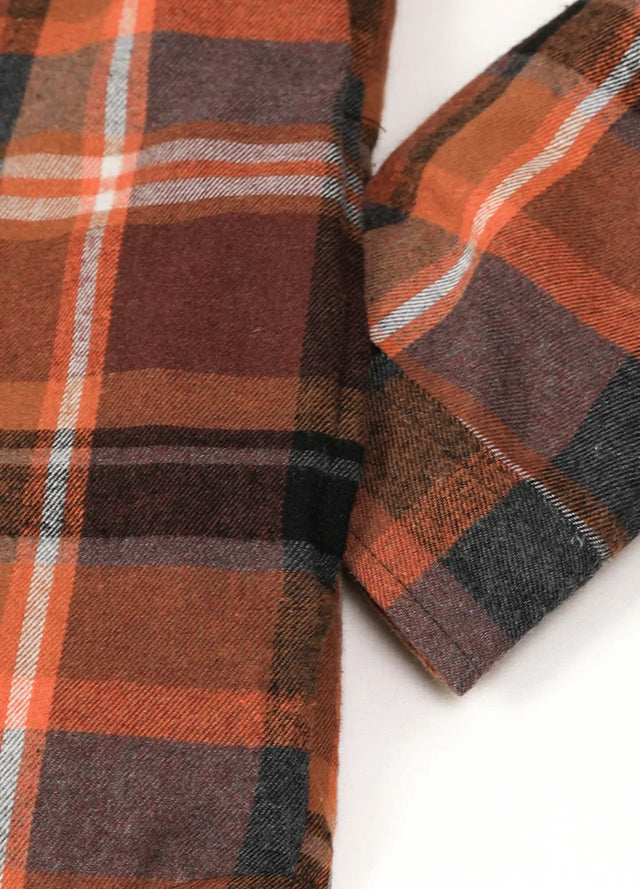 Close-up of the seam pocket of the black and brown zipper sherpa lined plaid jacket for men