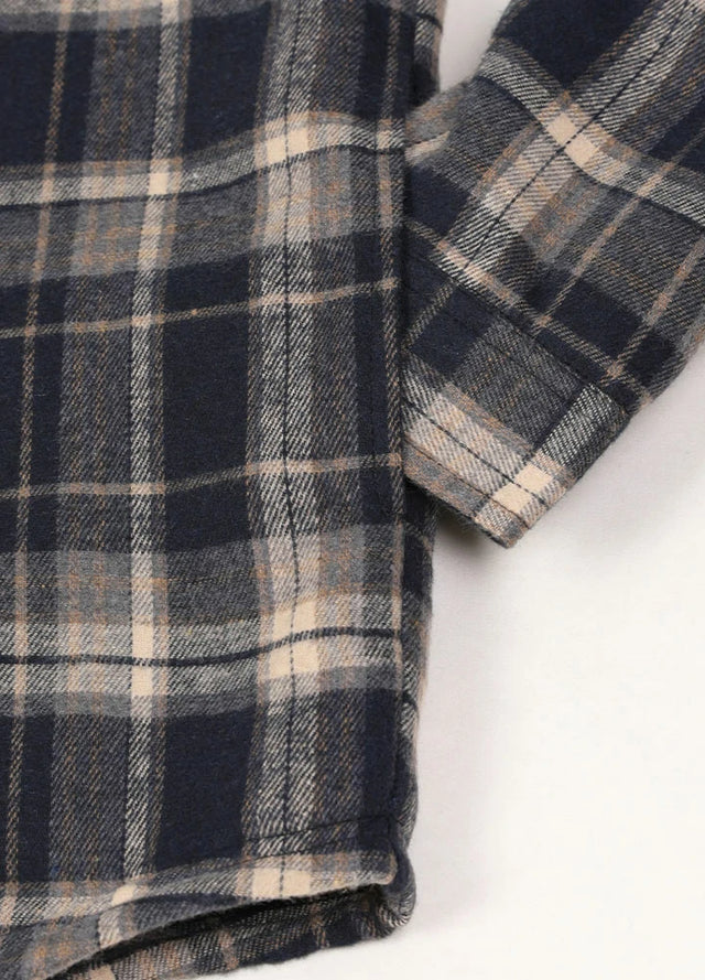 Close-up of the seam pocket of the navy khaki men's plaid flannel hooded jacket