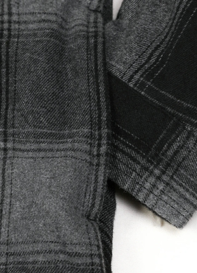 Close-up of the seam pocket of the light gray men's warm sherpa lined flannel plaid jacket