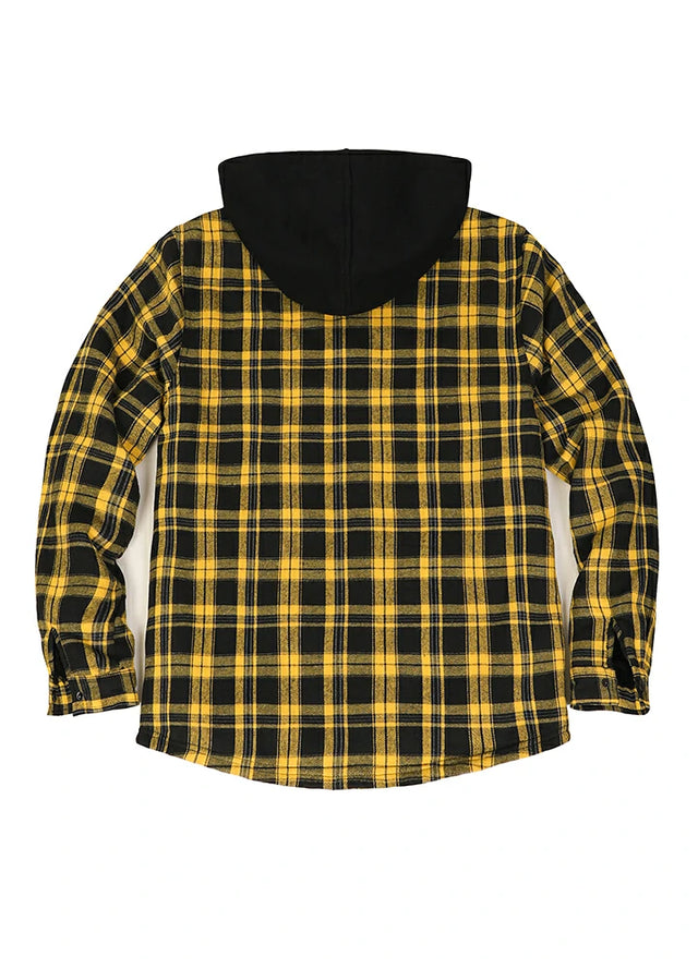 Back view of yellow and black sherpa lined plaid hooded jacket for men