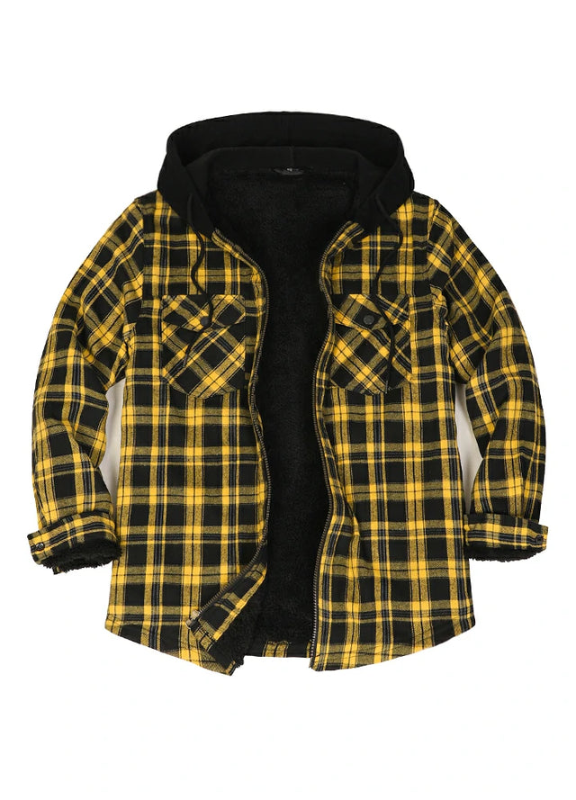 Front view of yellow and black warm sherpa lined plaid hooded for men