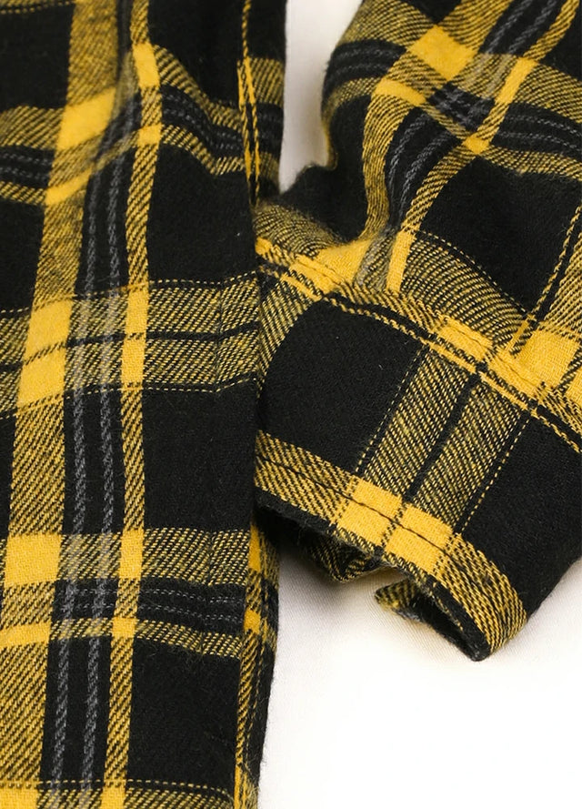 Close-up of the seam pocket of the yellow and black warm sherpa lined plaid hooded jacket for men