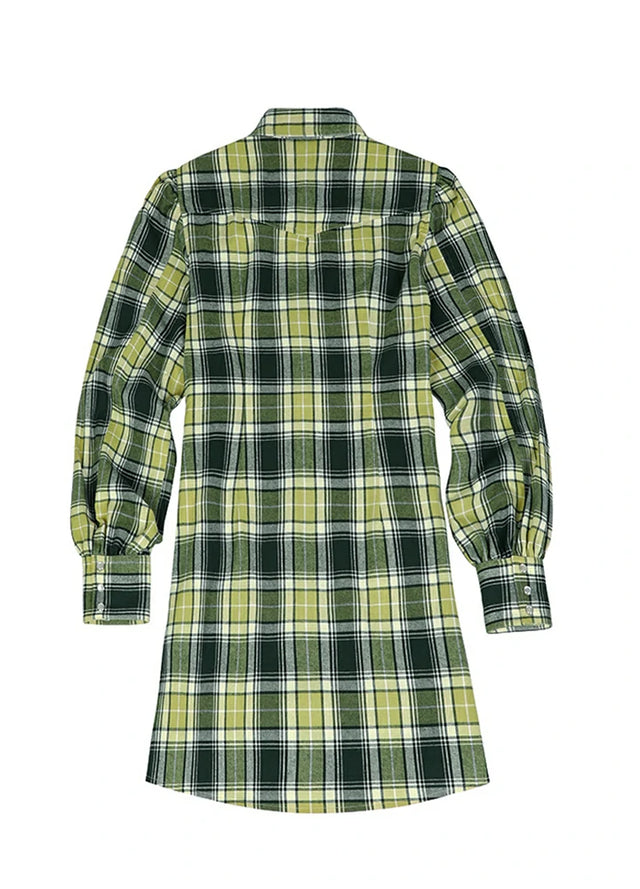 Back view of women's green long-sleeve snap flannel plaid shirt dress