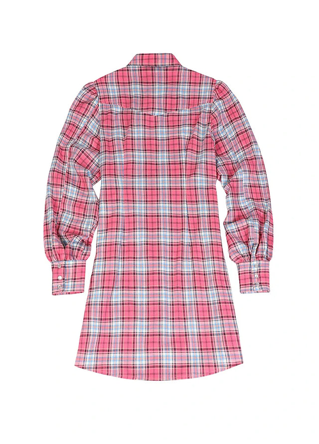 Back view of women's pink long-sleeve snap flannel plaid shirt dress
