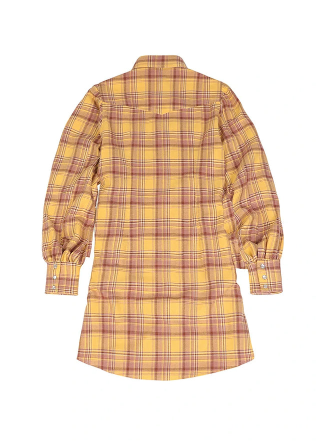 Back view of women's yellow long-sleeve snap flannel plaid shirt dress