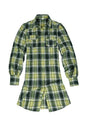 Front view of a women's western pearl snap green flannel shirt dress